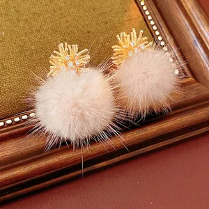 Sparkly firework zircon stud earrings with pale pink plush pompom drops for women