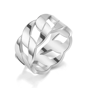 Close-up detail of a silver titanium steel ring with a stylish hollow cuban link chain design