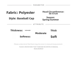 Size chart for sequins baseball cap showing 56-61cm circumference and polyester fabric