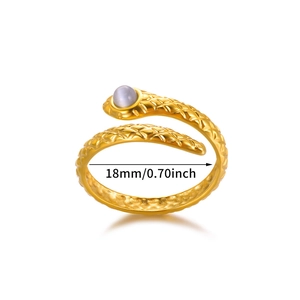 Golden snake ring with scale texture and gemstone inlay featuring 18mm inner diameter