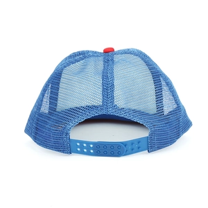 Blue trucker hat rear view showing breathable nylon mesh and adjustable snapback closure
