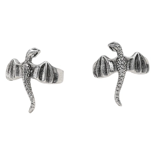 Vintage silver dragon ear cuff set with intricate scale textures on a white background