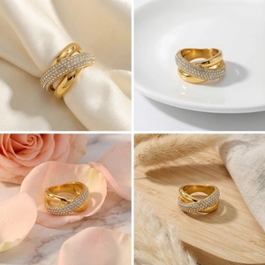 Chic gold-plated titanium steel ring with sparkling pavé cubic zirconia crisscross design
