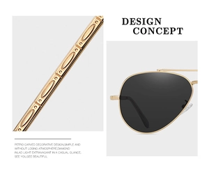 Close-up of polarized aviator sunglasses featuring intricate vintage metal temple engraving
