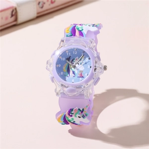 Detailed view of the purple silicone strap with colorful cartoon unicorn patterns