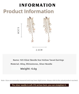 Detailed view of long star tassel earrings featuring gold finish and silver needles
