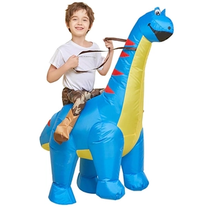 Detail of blue inflatable dinosaur rider costume for kids party and roleplay events