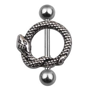 Polished silver stainless steel snake nipple ring with textured scales and round beads