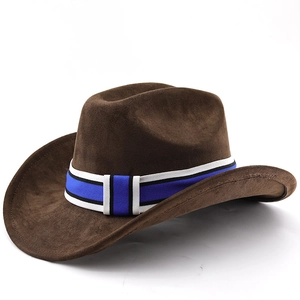 Detailansicht eines braunen Cowboyhuts aus Wildleder mit blau gestreiftem Band