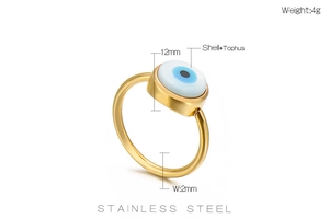 Detail view of the evil eye ring showing shell and turquoise inlay with dimensions
