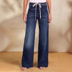 Women High Waisted Wide Leg Jeans Drawstring Tie Waist Washed Distressed Denim Pants Deep Blue Streetwear