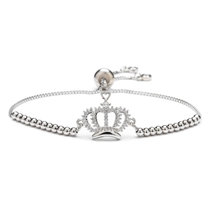 Adjustable crown charm bracelet with pavé-set cubic zirconia in polished silver finish