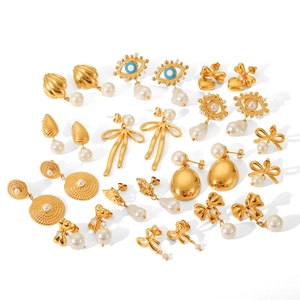 French style 18K gold-plated stainless steel bow earrings with pearls and charms