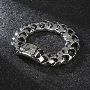 Men's heavy punk dragon bone chain bracelet in silver titanium steel on black leather