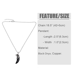 Detail van wolfstand ketting met zwarte onyx hanger en afmetingen van de metalen kogelketting