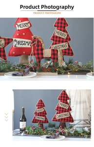 Detail of red and black plaid fabric Christmas tree with Merry Christmas text on a table