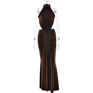 Elegant halter neck backless maxi dress with side cut-outs and fisheye hemline