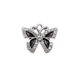 Elegant silver butterfly pendant with black enamel wings and sparkling white rhinestones