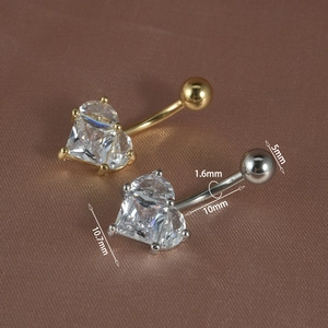 Zircon heart belly ring set in gold and silver steel with clear size measurements
