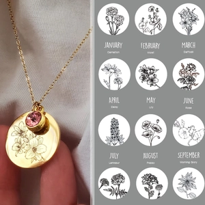 Birth Month Flower Necklace For Women Stainless Steel 18K Gold Plated Round Floral Pendant With Zircon Jewelry Gift
