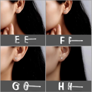 Detail view of S925 sterling silver letter stud earrings E F G H for women