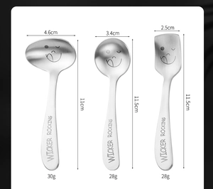 Detailed specs of stainless steel spoons with smiley faces and engraved brand logo