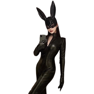 Sexy black sequined bunny costume with glossy rabbit ear mask and gloves for cosplay