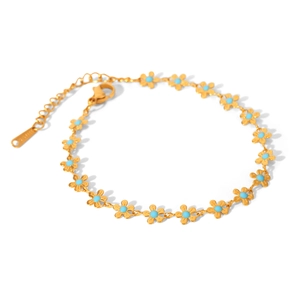 18K gold plated stainless steel flower chain bracelet with turquoise blue oil drip floral link