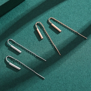 S925 sterling silver drop chain earrings with U-shaped hooks and sparkling bar pendants