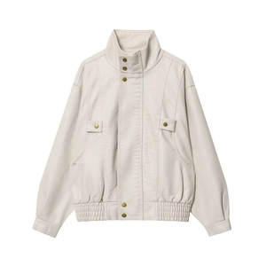 Women's cream white PU leather jacket with high stand collar and metallic snap buttons
