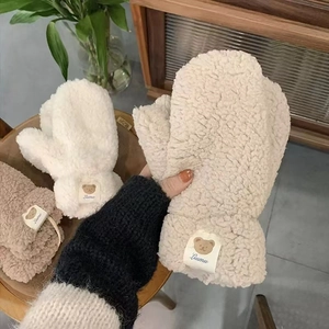 Winter fluffy teddy bear gloves in cream and khaki with plush fleece lining for women