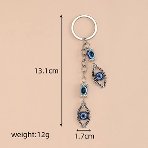 Detailed view of alloy Evil Eye keychain with nazar beads and dimensions 13.1cm length