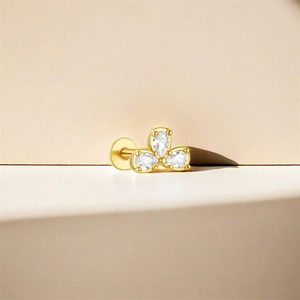 Detailed view of s925 silver gold clover stud with triple teardrop gems and flat back screw