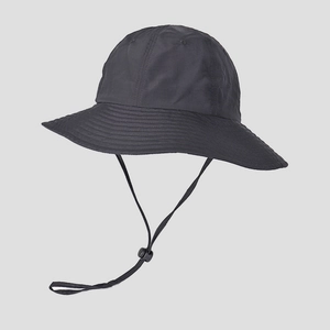 Detail of black breathable sun hat with adjustable drawstring for outdoor hiking