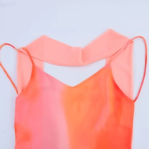 Chic gradient orange-pink V-neck dress with spaghetti straps and matching neck scarf detail