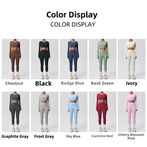 Grid view of women's long sleeve yoga sets showing 10 available colors and slim fit design