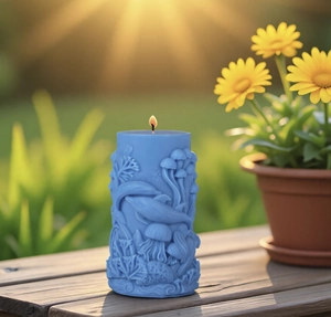 Candela blu con rilievi di vita marina come delfini e coralli su un ponte di legno