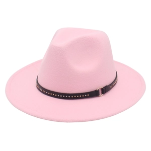 Close-up of pink fedora with black leather band, metal studs and gold ring detail