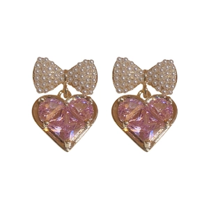 Elegant bow and pink heart crystal drop earrings with pearl inlay and gold plating