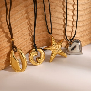 Minimalist stainless steel starfish and heart pendants with black rope cord necklaces