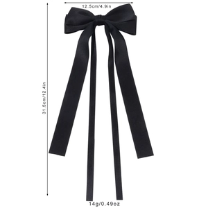 Elegant black satin bow hair clip with long ribbons, dimensions 12.5x31.5cm, weight 14g