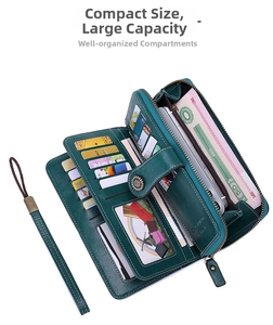 Detailed view of open RFID trifold wallet with multiple card slots and phone pocket
