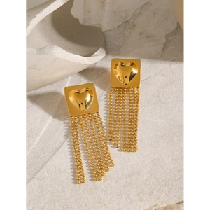 18k gold plated stainless steel square heart earrings with dangling bead chain tassels
