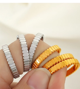 Macro detail of French vintage gear rings in 18k gold and silver on fingers