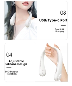 Detail of portable neck fan with 360-degree rotation and USB Type-C charging port