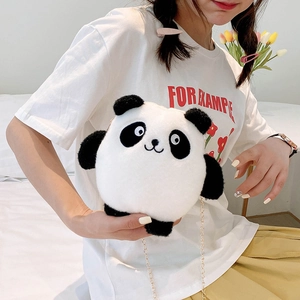 Cute panda plush shoulder bag with gold metal chain strap for kids and girls