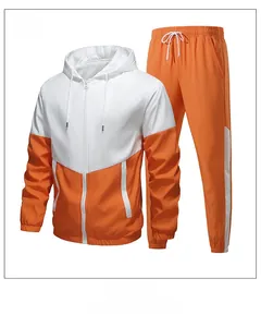 Detail of orange and white hooded track jacket with zipper and matching sweatpants