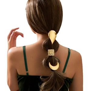 Three-piece set of gold metal ponytail hair accessories in leaf, square, and moon shapes