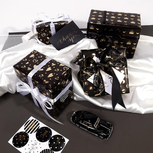 Black Gold Foil Gift Wrapping Paper Roll Bronzing Coated Paper Polka Dot Crown Heart Luxury Birthday Wedding Holiday Party