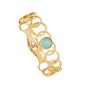 Bohemian gold stainless steel bangle with light blue cat eye stone and hollow circles